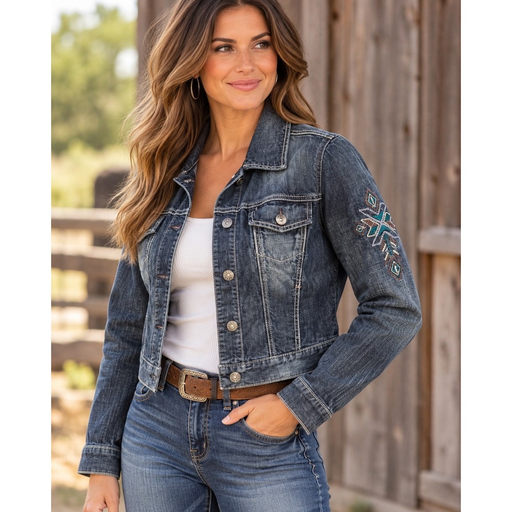 Cruel Denim Jacket Blue Embroidered Sleeve Western Trucker CWJ9853001 Size L